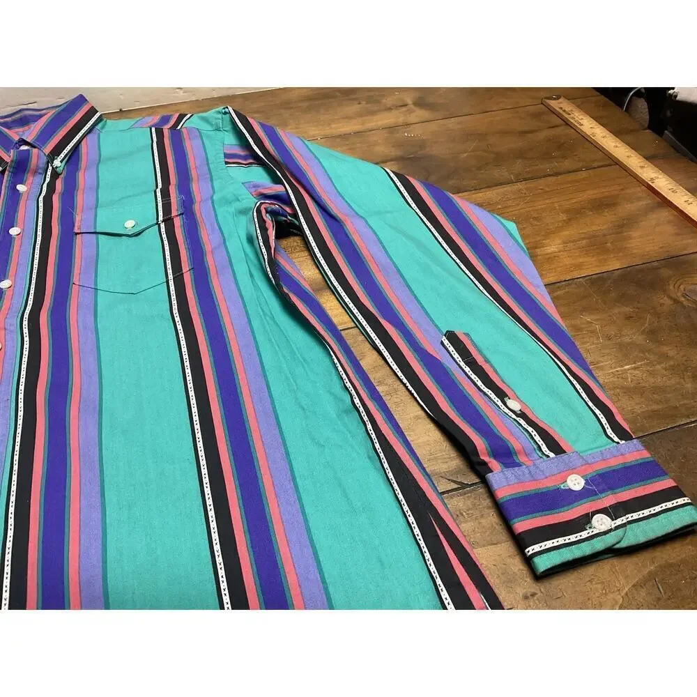 Vintage Wrangler Brushpopper Western Striped Button Up X-Long Tails 17x36 USA